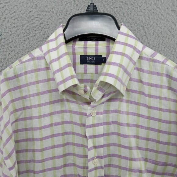 Lincs Shirt Mens Large White‎ Green Purple 100% Linen Button Down David Chu - Picture 2 of 7